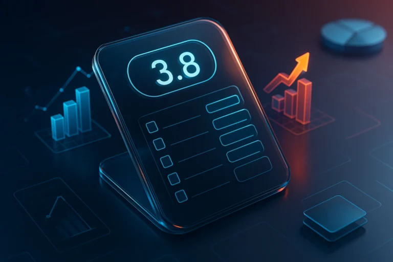 Digital GPA calculator displaying a score of 3.8, with graphs and charts in the background.