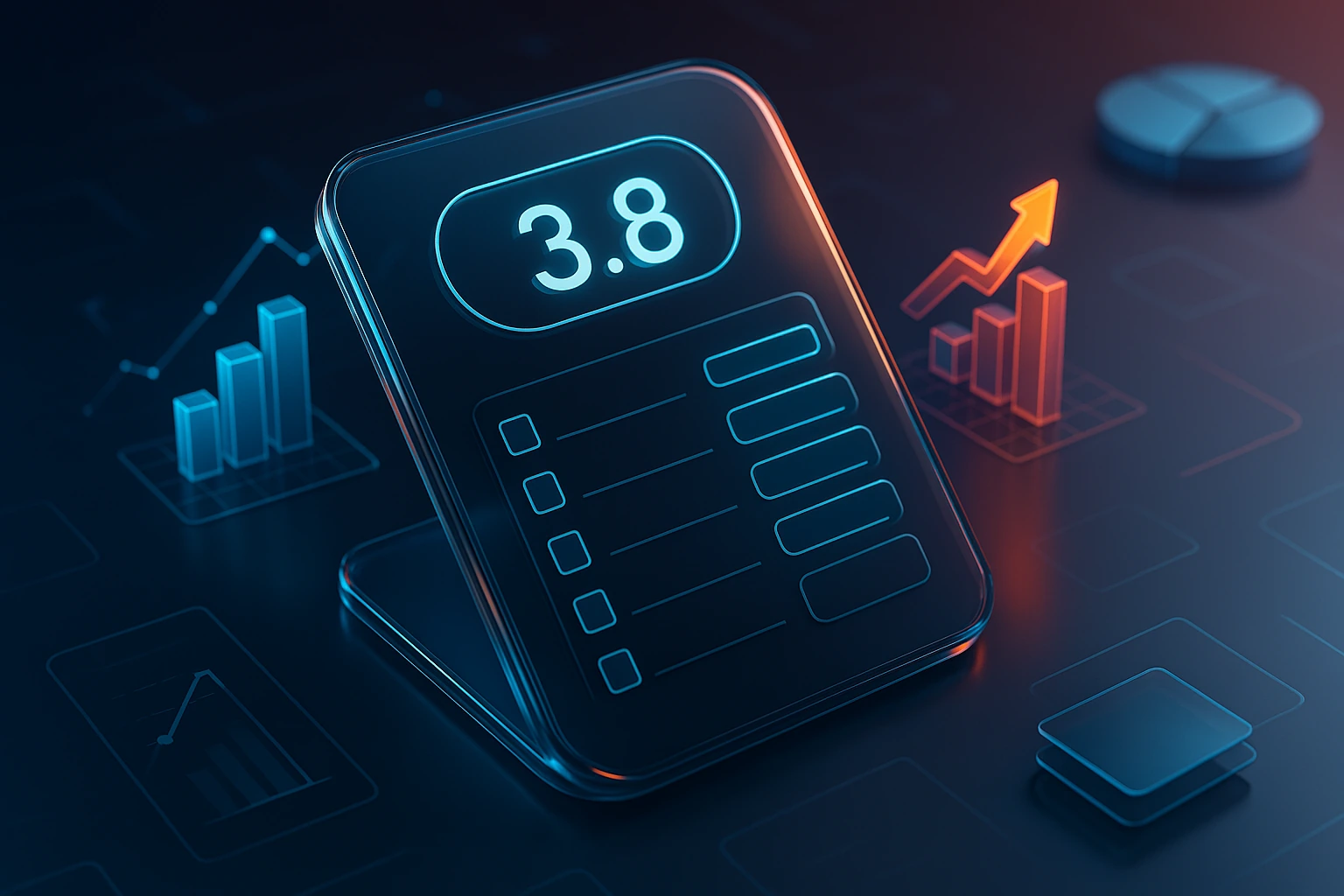 Digital GPA calculator displaying a score of 3.8, with graphs and charts in the background.